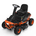 Black and orange riding lawn mower on a white background