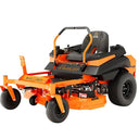 Orange and black riding lawn mower on a white background