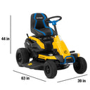 Yellow and black Cub Cadet riding lawn mower with dimensions on a white background