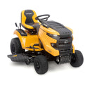 Yellow and black riding lawn mower on a white background