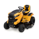 Yellow and black riding lawn mower on a white background