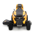 Yellow and black riding lawn mower on a white background