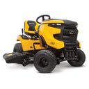 Yellow and black riding lawn mower on a white background