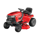 Red riding lawn mower with black seat on a white background