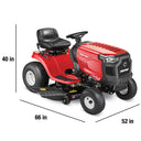 Red riding lawn mower with dimensions indicated on a white background