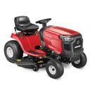 Red riding lawn mower with black seat on a white background