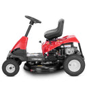Red riding lawn mower with black seat on a white background