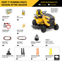 Mower maintenance key chart with parts and their corresponding numbers for a lawn mower.