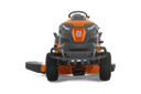 Orange and black lawn mower on a white background