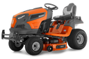 Orange and black Husqvarna riding lawn mower on a white background