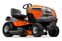 Orange and gray Husqvarna riding lawn mower on a white background