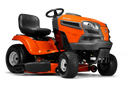 Orange and black riding lawn mower on a white background