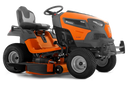 Orange and black riding lawn mower on a white background