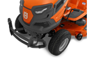 Close-up of a Husqvarna riding lawn mower on a white background