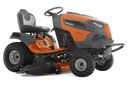 Orange and black riding lawn mower on a white background
