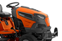 Orange and black Husqvarna riding lawn mower on a white background