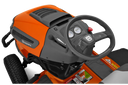 Orange and black lawn mower with steering wheel on a white background