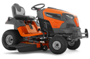 Orange and black riding lawn mower on a white background